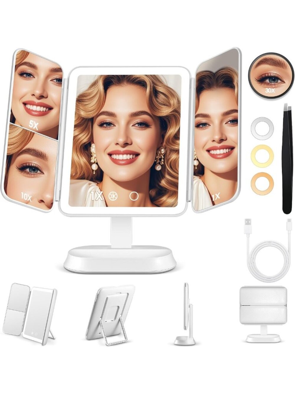 Lighted Makeup Mirror with 30X/10X/5X Magnification, Rechargeable Trifold